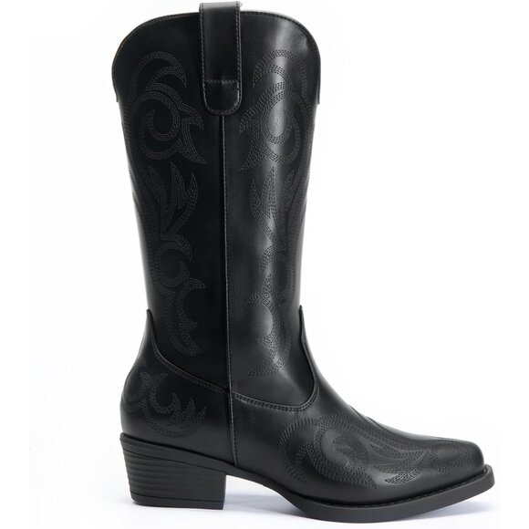 Dream Pairs Women's All Black Mid Calf Cowgirl Boot Square Toe Chunky Heel Shoes - Picture 2 of 7